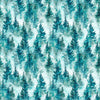 Image of Skyward Trees Teal quilting cotton fabric by Morris Creative Group for QT Fabrics. Features trees on a blue background. Cute Little Fabric Shop.