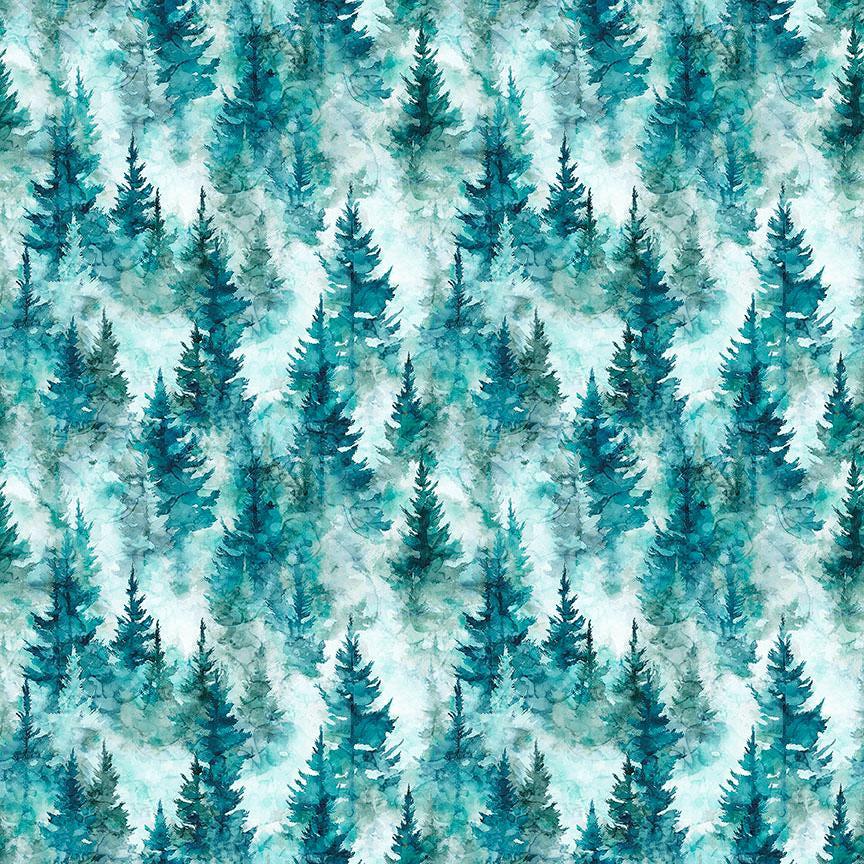 Image of Skyward Trees Teal quilting cotton fabric by Morris Creative Group for QT Fabrics. Features trees on a blue background. Cute Little Fabric Shop.