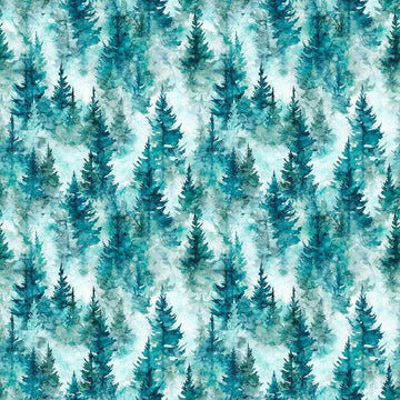 Image of Skyward Trees Teal quilting cotton fabric by Morris Creative Group for QT Fabrics. Features trees on a blue background. Cute Little Fabric Shop.