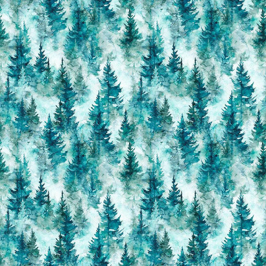 Image of Skyward Trees Teal quilting cotton fabric by Morris Creative Group for QT Fabrics. Features trees on a blue background. Cute Little Fabric Shop.
