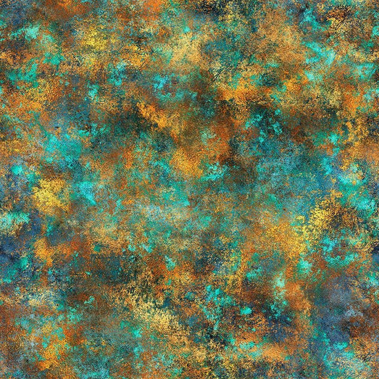Image of Skyward Patina Turquoise quilting cotton fabric by Morris Creative Group for QT Fabrics. Features printed texture on a blue and brown background. Cute Little Fabric Shop.
