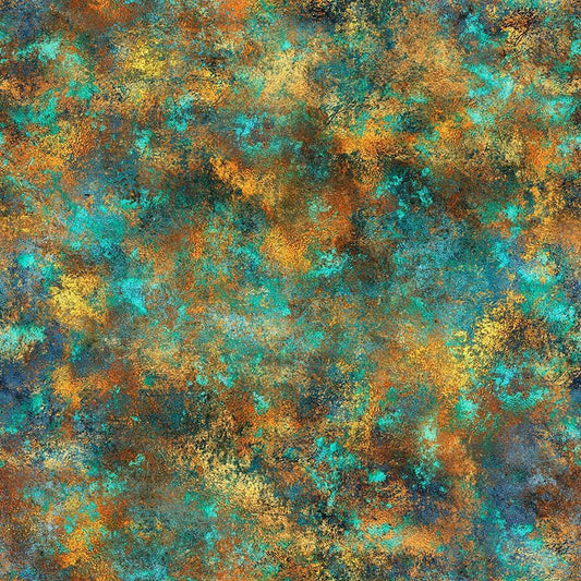 Image of Skyward Patina Turquoise quilting cotton fabric by Morris Creative Group for QT Fabrics. Features printed texture on a blue and brown background. Cute Little Fabric Shop.