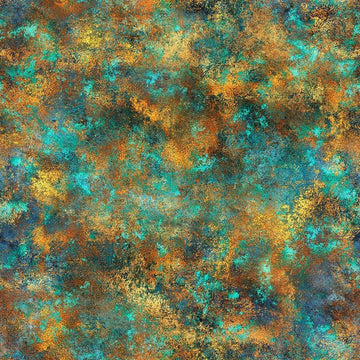 Image of Skyward Patina Turquoise quilting cotton fabric by Morris Creative Group for QT Fabrics. Features printed texture on a blue and brown background. Cute Little Fabric Shop.