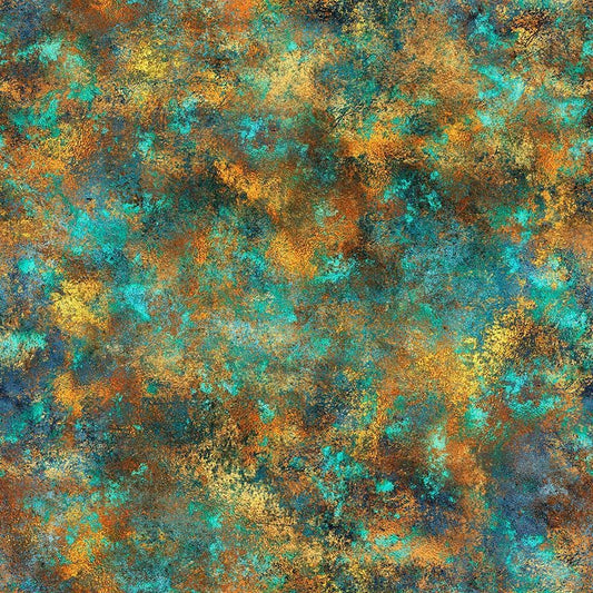 Image of Skyward Patina Turquoise quilting cotton fabric by Morris Creative Group for QT Fabrics. Features printed texture on a blue and brown background. Cute Little Fabric Shop.