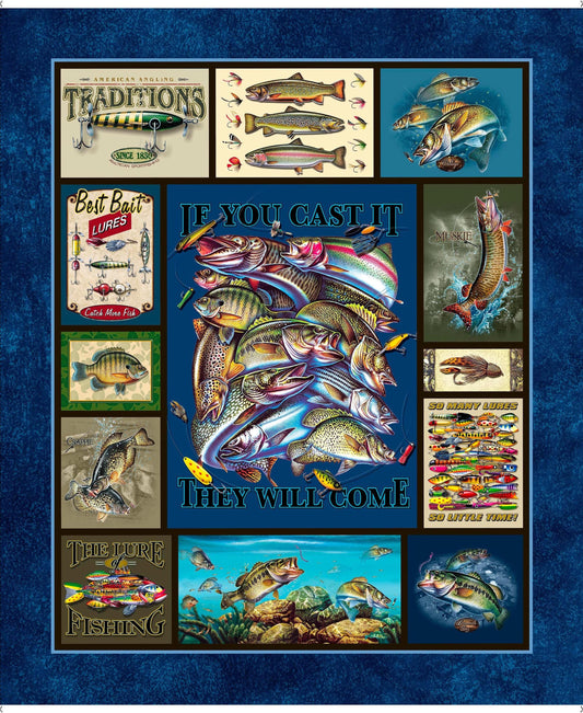 The Lure of Fishing Panel Multi Blue Fish Fabric - 32122 - QT Fabrics Quilting Cotton Fabric