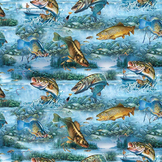 Image of The Lure of Fishing Fish & Lake Scenic Blue quilting cotton fabric by JQ Licensing for QT Fabrics. Features fish on a blue background. Cute Little Fabric Shop.