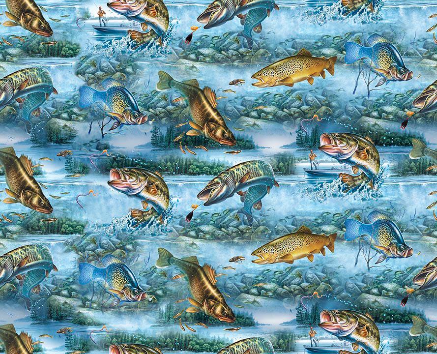 Image of The Lure of Fishing Fish & Lake Scenic Blue quilting cotton fabric by JQ Licensing for QT Fabrics. Features fish on a blue background. Cute Little Fabric Shop.