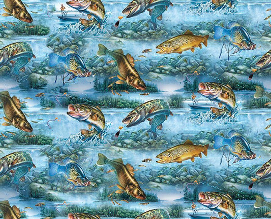 Image of The Lure of Fishing Fish & Lake Scenic Blue quilting cotton fabric by JQ Licensing for QT Fabrics. Features fish on a blue background. Cute Little Fabric Shop.
