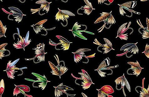 Image of The Lure of Fishing Lures Black quilting cotton fabric by JQ Licensing for QT Fabrics. Features fishing hooks on a black background. Cute Little Fabric Shop.