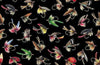 Image of The Lure of Fishing Lures Black quilting cotton fabric by JQ Licensing for QT Fabrics. Features fishing hooks on a black background. Cute Little Fabric Shop.