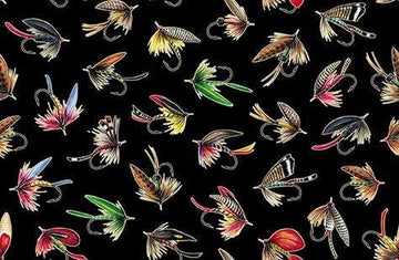 Image of The Lure of Fishing Lures Black quilting cotton fabric by JQ Licensing for QT Fabrics. Features fishing hooks on a black background. Cute Little Fabric Shop.