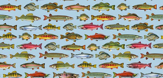 Image of The Lure of Fishing Fish Set Blue quilting cotton fabric by JQ Licensing for QT Fabrics. Features fish on a blue background. Cute Little Fabric Shop.