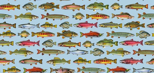 Image of The Lure of Fishing Fish Set Blue quilting cotton fabric by JQ Licensing for QT Fabrics. Features fish on a blue background. Cute Little Fabric Shop.
