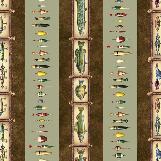Image of The Lure of Fishing Border Stripe Sage Brown quilting cotton fabric by JQ Licensing for QT Fabrics. Features stripes on a brown and green background. Cute Little Fabric Shop.