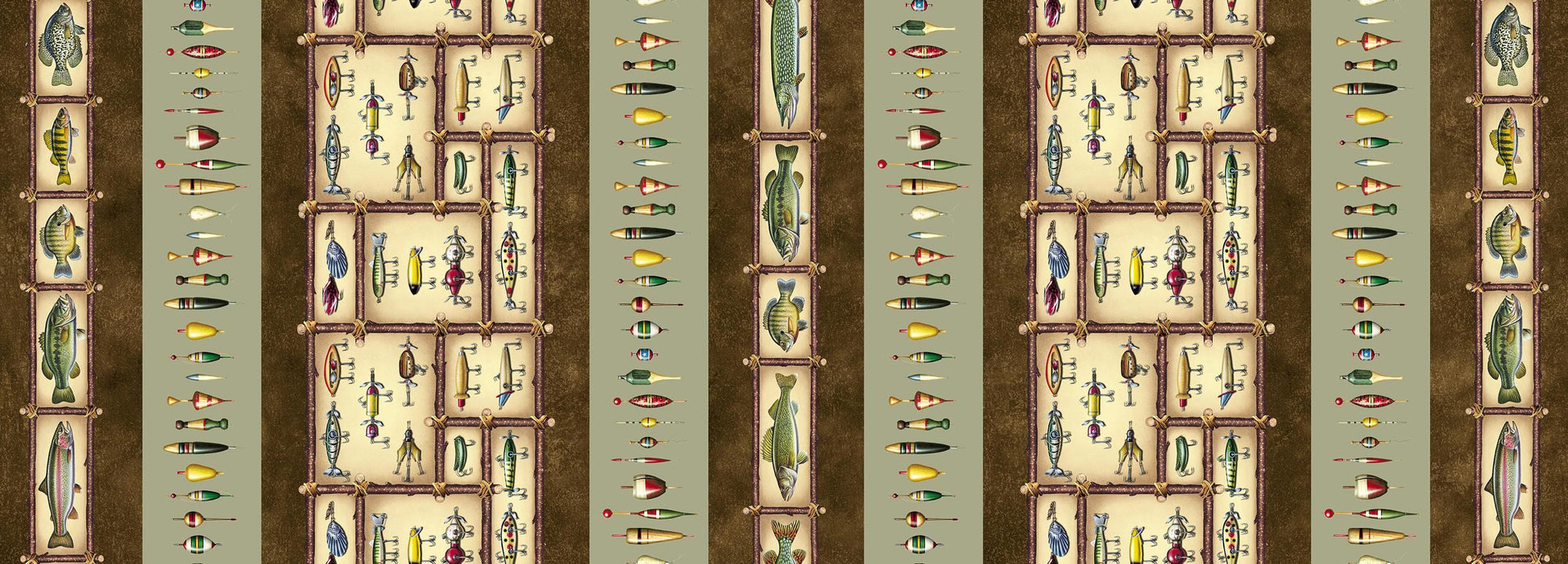 Image of The Lure of Fishing Border Stripe Sage Brown quilting cotton fabric by JQ Licensing for QT Fabrics. Features stripes on a brown and green background. Cute Little Fabric Shop.