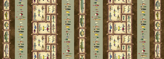 Image of The Lure of Fishing Border Stripe Sage Brown quilting cotton fabric by JQ Licensing for QT Fabrics. Features stripes on a brown and green background. Cute Little Fabric Shop.