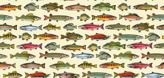 Image of The Lure of Fishing Fish Set Buttercream quilting cotton fabric by JQ Licensing for QT Fabrics. Features fish on a cream background. Cute Little Fabric Shop.