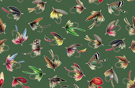 Image of The Lure of Fishing Lures Green quilting cotton fabric by JQ Licensing for QT Fabrics. Features fishing hooks on a green background. Cute Little Fabric Shop.