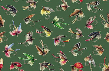 Image of The Lure of Fishing Lures Green quilting cotton fabric by JQ Licensing for QT Fabrics. Features fishing hooks on a green background. Cute Little Fabric Shop.