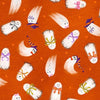 Image of Ghost Tales Ghost Toss Orange quilting cotton fabric by Michael Zindell for QT Fabrics. Features ghosts on an orange background. Cute Little Fabric Shop.