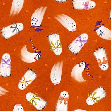Image of Ghost Tales Ghost Toss Orange quilting cotton fabric by Michael Zindell for QT Fabrics. Features ghosts on an orange background. Cute Little Fabric Shop.
