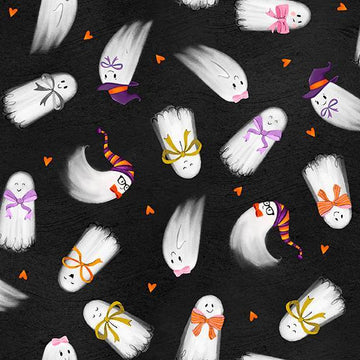 Image of Ghost Tales Ghost Toss Black quilting cotton fabric by Michael Zindell for QT Fabrics. Features ghosts on a black background. Cute Little Fabric Shop.