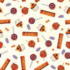 Image of Ghost Tales Halloween Candy Light Cream quilting cotton fabric by Michael Zindell for QT Fabrics. Features candy on a white background. Cute Little Fabric Shop.