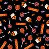 Image of Ghost Tales Halloween Candy Black quilting cotton fabric by Michael Zindell for QT Fabrics. Features candy on a black background. Cute Little Fabric Shop.