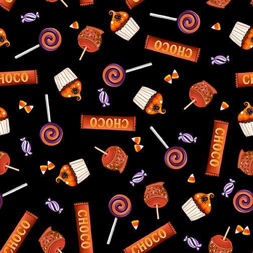 Image of Ghost Tales Halloween Candy Black quilting cotton fabric by Michael Zindell for QT Fabrics. Features candy on a black background. Cute Little Fabric Shop.