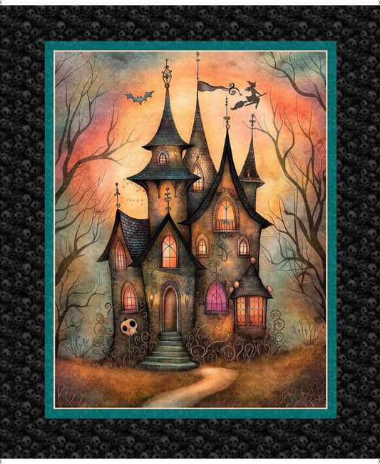 Witchypoo Haunted House Panel Multi Black Halloween Fabric - 31933 - QT Fabrics Quilting Cotton Fabric