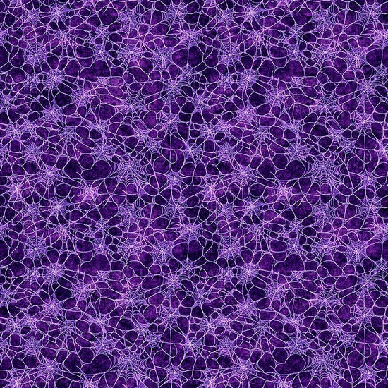 Image of Witchypoo Spiderwebs Purple quilting cotton fabric by Morris Creative Group for QT Fabrics. Features spiderwebs on a purple background. Cute Little Fabric Shop.