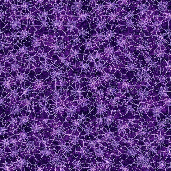 Image of Witchypoo Spiderwebs Purple quilting cotton fabric by Morris Creative Group for QT Fabrics. Features spiderwebs on a purple background. Cute Little Fabric Shop.