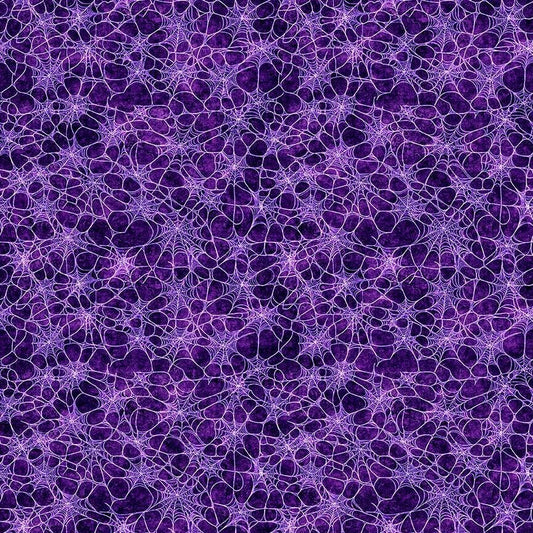 Image of Witchypoo Spiderwebs Purple quilting cotton fabric by Morris Creative Group for QT Fabrics. Features spiderwebs on a purple background. Cute Little Fabric Shop.