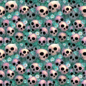 Image of Witchypoo Skulls Teal quilting cotton fabric by Morris Creative Group for QT Fabrics. Features skulls on a blue background. Cute Little Fabric Shop.