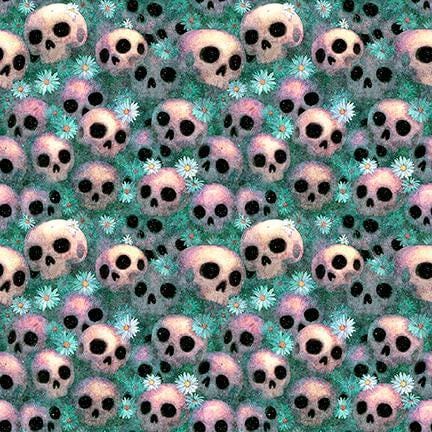 Image of Witchypoo Skulls Teal quilting cotton fabric by Morris Creative Group for QT Fabrics. Features skulls on a blue background. Cute Little Fabric Shop.