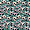 Image of Witchypoo Skulls Teal quilting cotton fabric by Morris Creative Group for QT Fabrics. Features skulls on a blue background. Cute Little Fabric Shop.