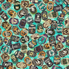Image of Witchypoo Potion Labels Turquoise quilting cotton fabric by Morris Creative Group for QT Fabrics. Features potions on a blue background. Cute Little Fabric Shop.