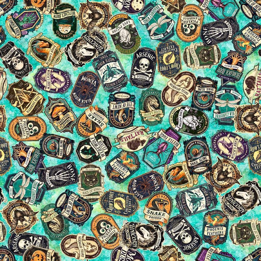 Image of Witchypoo Potion Labels Turquoise quilting cotton fabric by Morris Creative Group for QT Fabrics. Features potions on a blue background. Cute Little Fabric Shop.