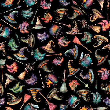 Image of Witchypoo Witch Accessories Black quilting cotton fabric by Morris Creative Group for QT Fabrics. Features witch accessories on a black background. Cute Little Fabric Shop.