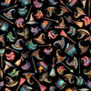 Image of Witchypoo Witch Accessories Black quilting cotton fabric by Morris Creative Group for QT Fabrics. Features witch accessories on a black background. Cute Little Fabric Shop.