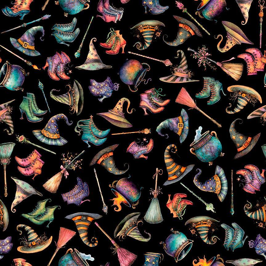 Image of Witchypoo Witch Accessories Black quilting cotton fabric by Morris Creative Group for QT Fabrics. Features witch accessories on a black background. Cute Little Fabric Shop.