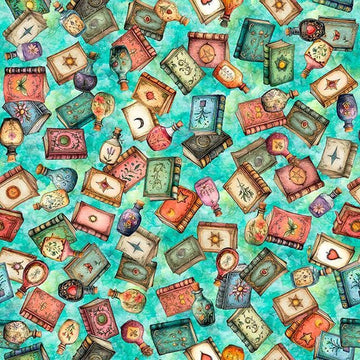 Image of Witchypoo Book Toss Turquoise quilting cotton fabric by Morris Creative Group for QT Fabrics. Features books on a blue background. Cute Little Fabric Shop.