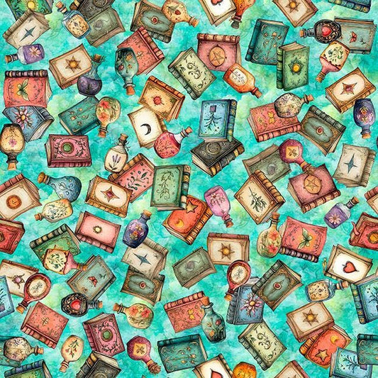 Image of Witchypoo Book Toss Turquoise quilting cotton fabric by Morris Creative Group for QT Fabrics. Features books on a blue background. Cute Little Fabric Shop.