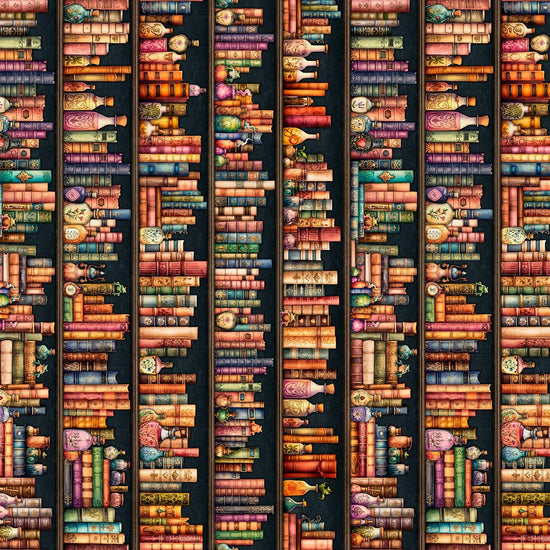 Image of Witchypoo Bookshelf Stripe Multi quilting cotton fabric by Morris Creative Group for QT Fabrics. Features books on a brown background. Cute Little Fabric Shop.