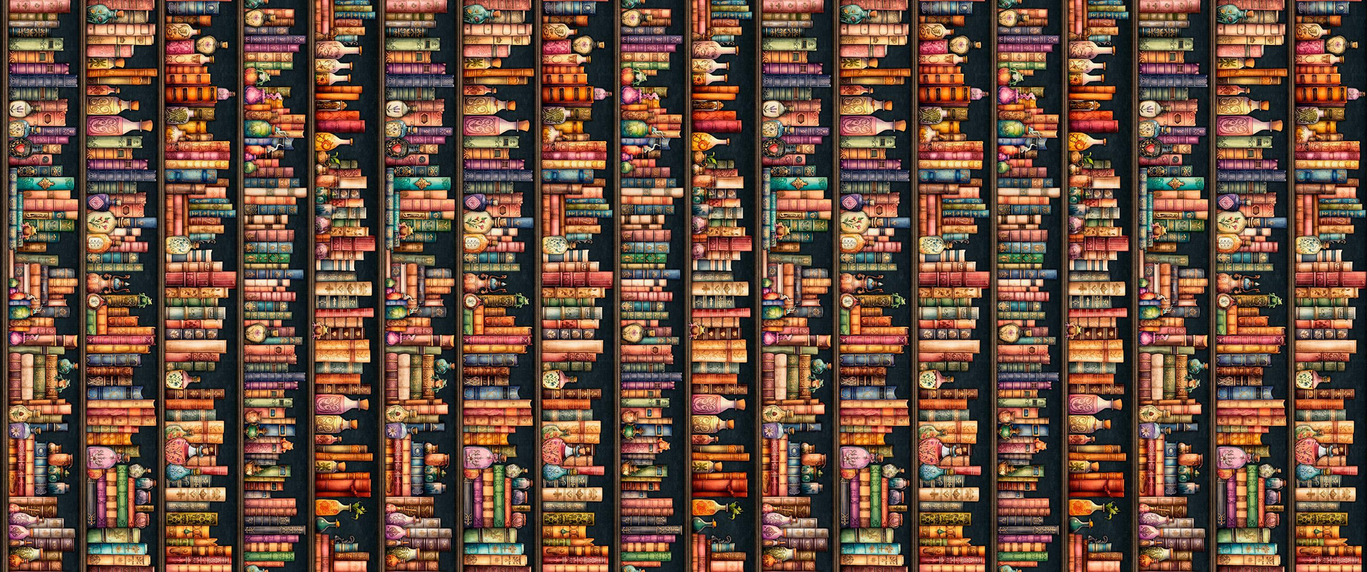 Image of Witchypoo Bookshelf Stripe Multi quilting cotton fabric by Morris Creative Group for QT Fabrics. Features books on a brown background. Cute Little Fabric Shop.