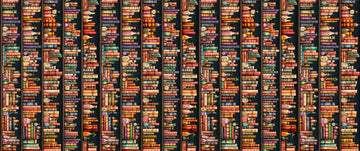 Image of Witchypoo Bookshelf Stripe Multi quilting cotton fabric by Morris Creative Group for QT Fabrics. Features books on a brown background. Cute Little Fabric Shop.