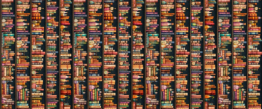 Image of Witchypoo Bookshelf Stripe Multi quilting cotton fabric by Morris Creative Group for QT Fabrics. Features books on a brown background. Cute Little Fabric Shop.