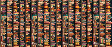 Image of Witchypoo Bookshelf Stripe Multi quilting cotton fabric by Morris Creative Group for QT Fabrics. Features books on a brown background. Cute Little Fabric Shop.