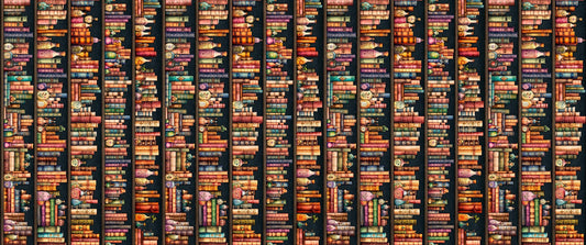 Image of Witchypoo Bookshelf Stripe Multi quilting cotton fabric by Morris Creative Group for QT Fabrics. Features books on a brown background. Cute Little Fabric Shop.