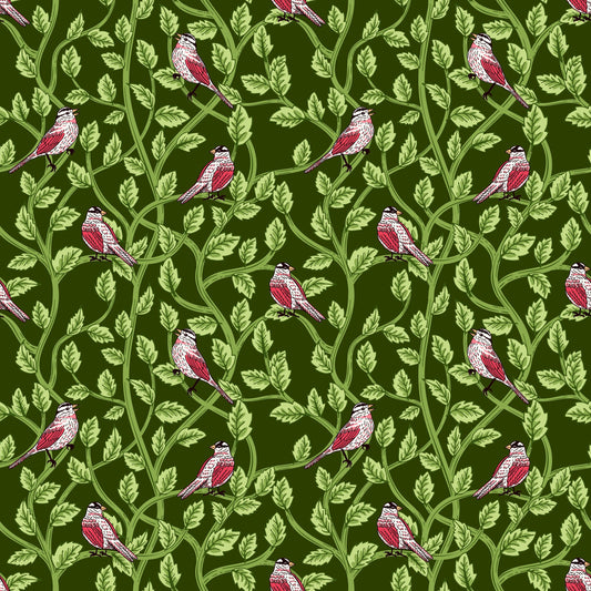 Image of Tangled Gardens Birds Hunter quilting cotton fabric by Diane Labombarbe for Riley Blake Designs. Features birds and leaves on a green background. Cute Little Fabric Shop.